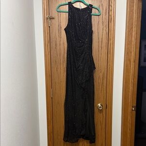 Alex Evening Long Sleeveless Gown Sequin and Lace with Cascading ruffle slit